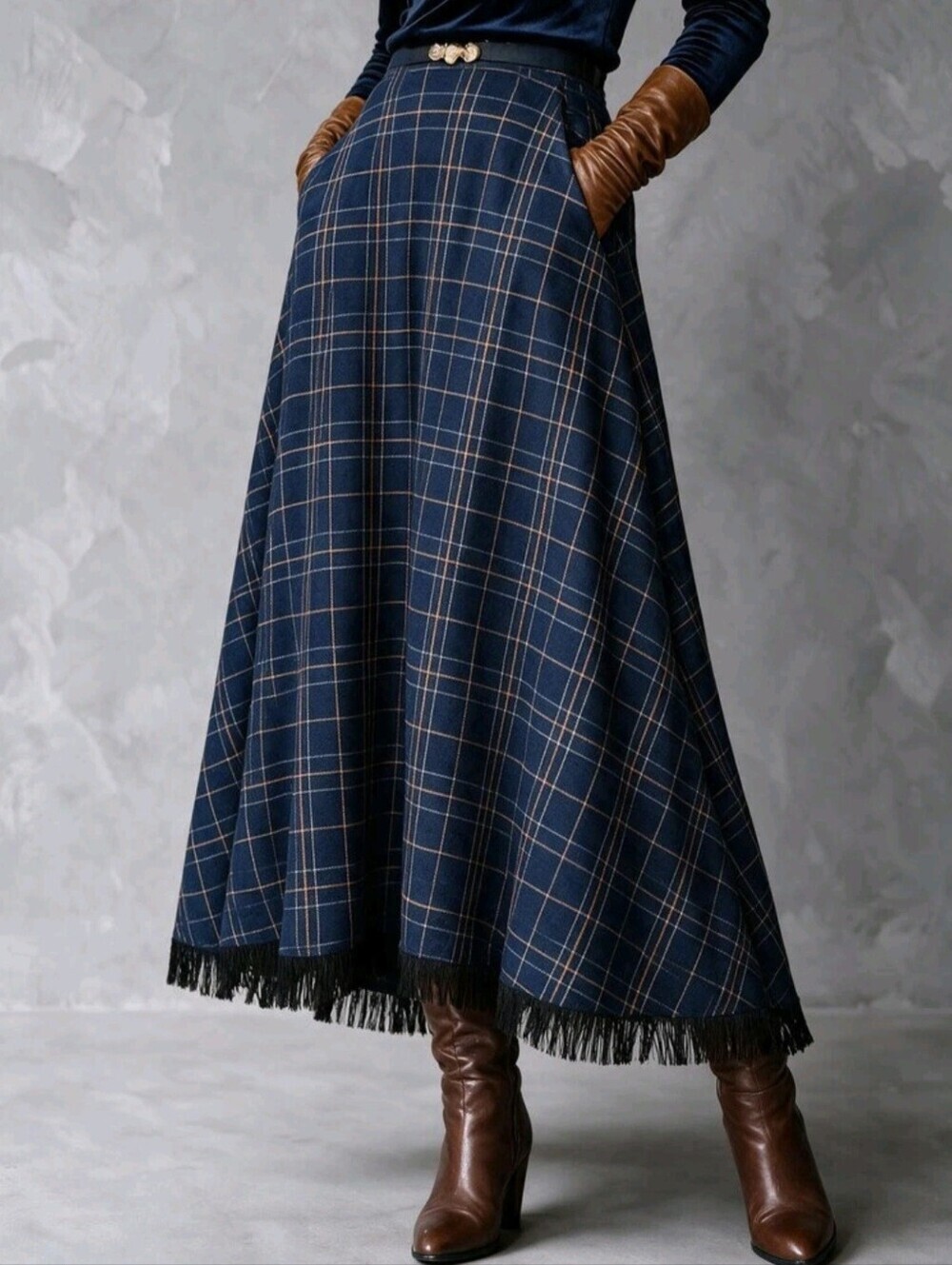 Navy Blue Plaid Asymmetrical Hem Skirt Autumn Outfit Cowgirl Outfits For Women - Picture 7 of 7